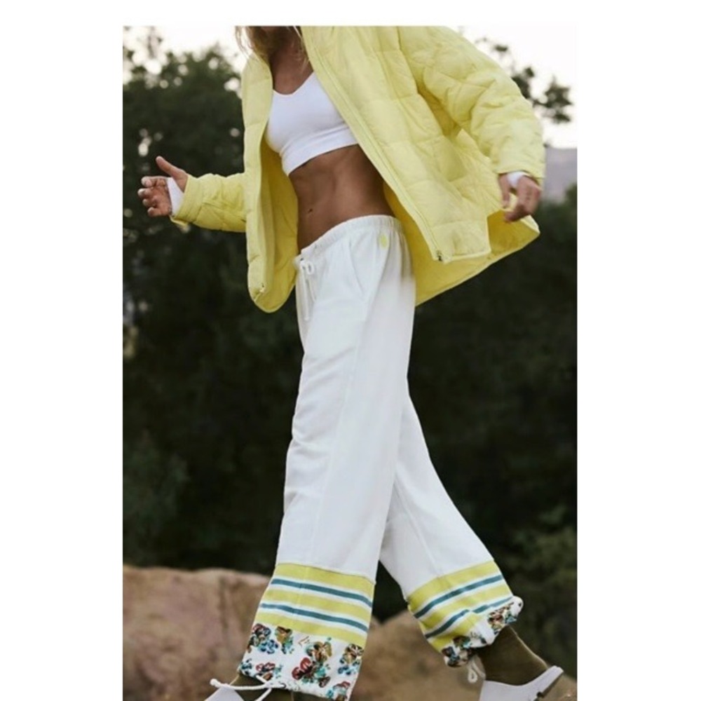 FP Movement Free People White Floral Stripe Wide Leg Sweatpants XS OB1433316